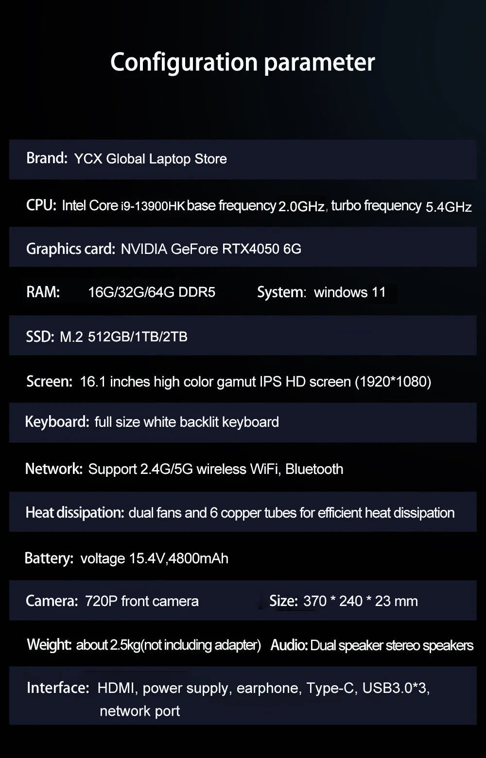 16Inch Gaming Laptop Computer Notebook RTX4050 6G Intel Core i9-13900HK Windows11 RAM Max 64GB DDR5 2*M.2 NVME 2TB SSD WiFi