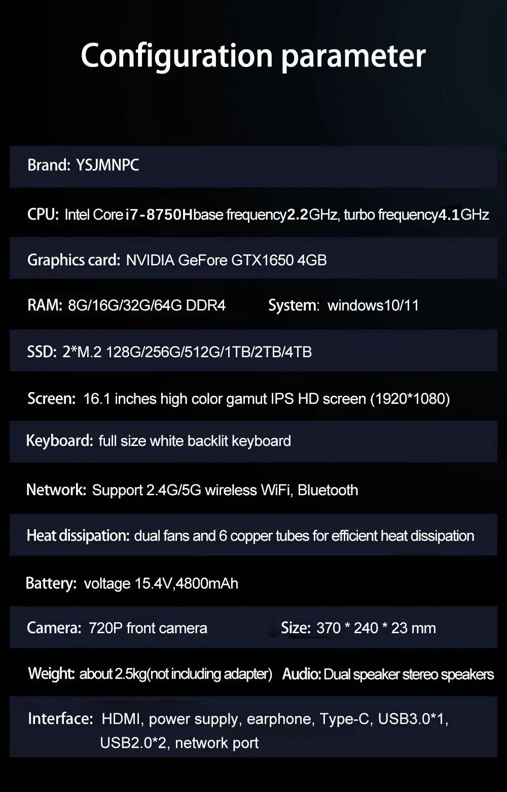 YSJMNPC Gaming Laptop Computer Intel Core i7-8750H GTX1650 4G 16.1 Inch IPS Screen144Hz RAM Max 64GB 2*DDR4 2*M.2 NVMe Windows11