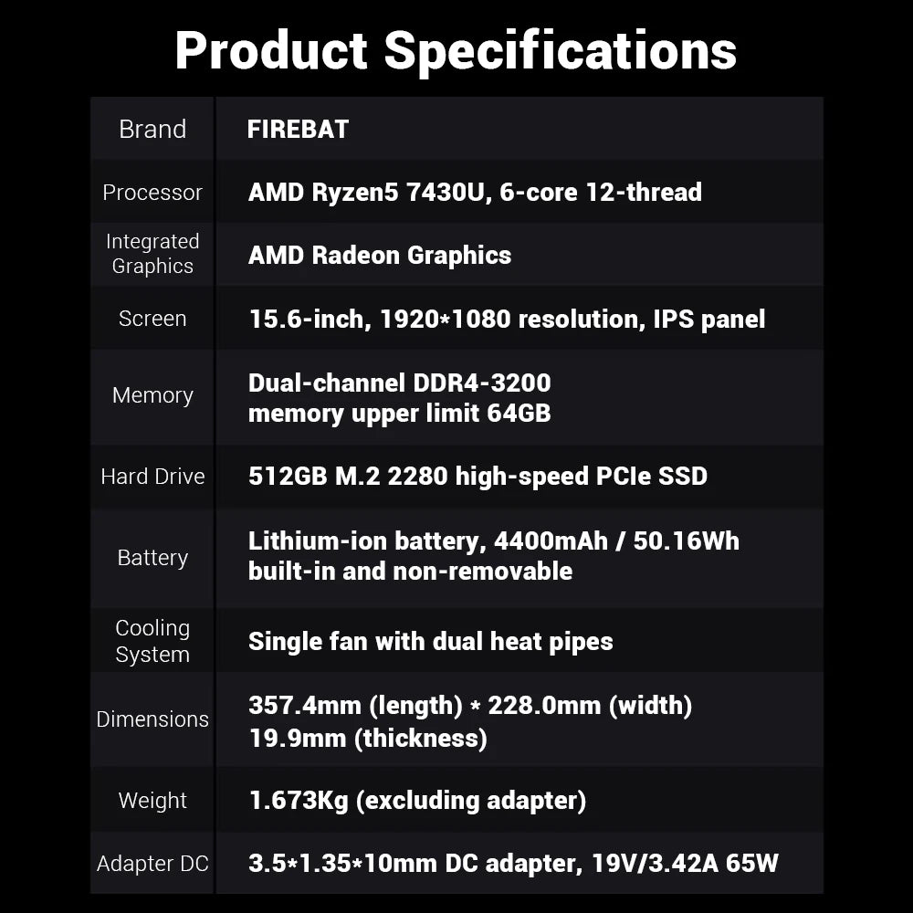 Firebat AS1 Laptop AMD Ryzen5 7430U 16GB DDR4 3200Mhz 512GB SSD 15.6 Inch IPS Windows 11 Notebook Type-C WIFI6 Full-size Keyboard