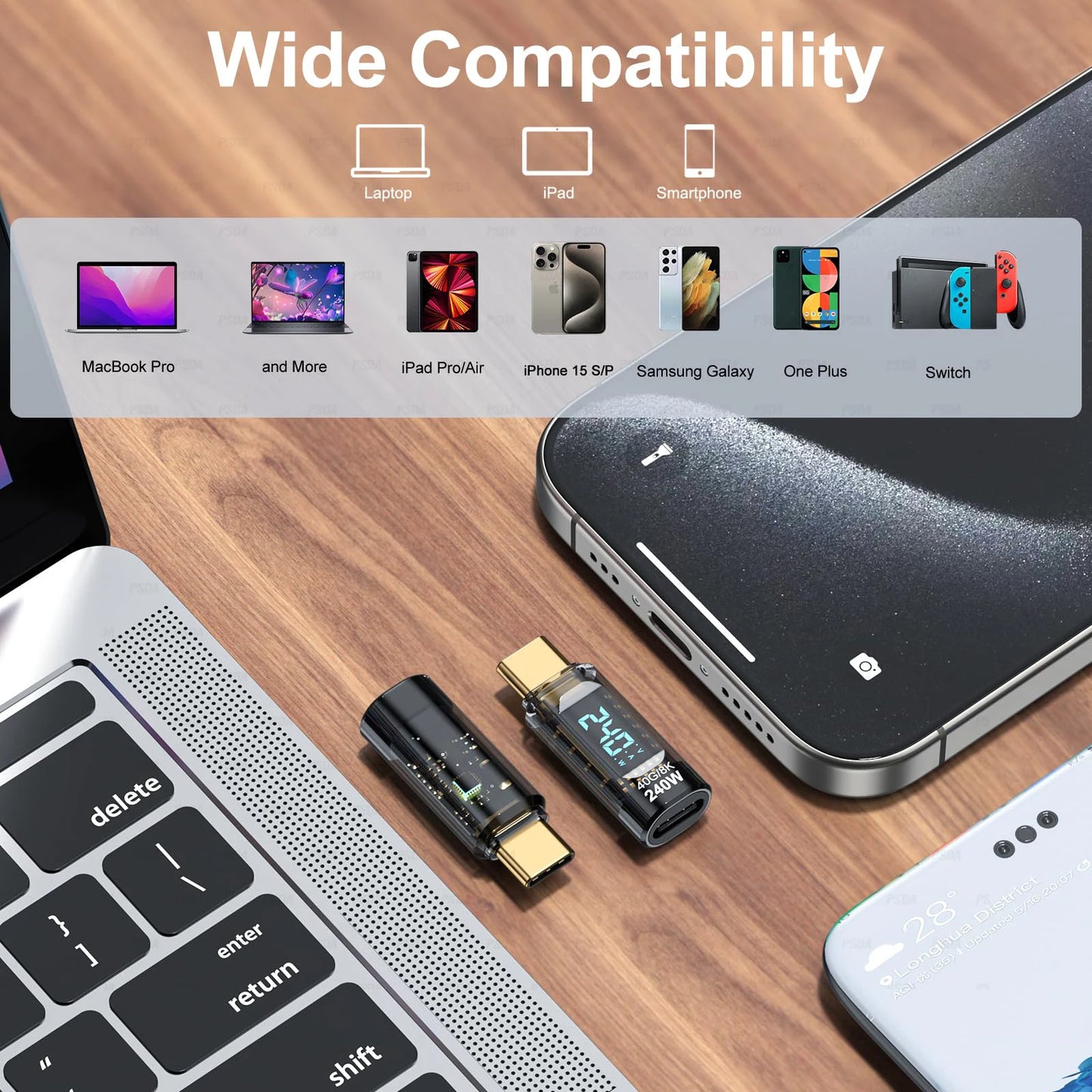240W USB C Adapter Power Meter Tester Transparent with Wattage LED Digital Display for iPhone 17 18 Pro Max MacBook Pro