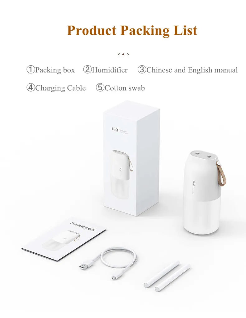 300ml Dual Sprayer Air Humidifier 2000mAh USB Rechargeable Battery Wireless Aroma Mist Maker Fogger Diffuser Light Umidificador