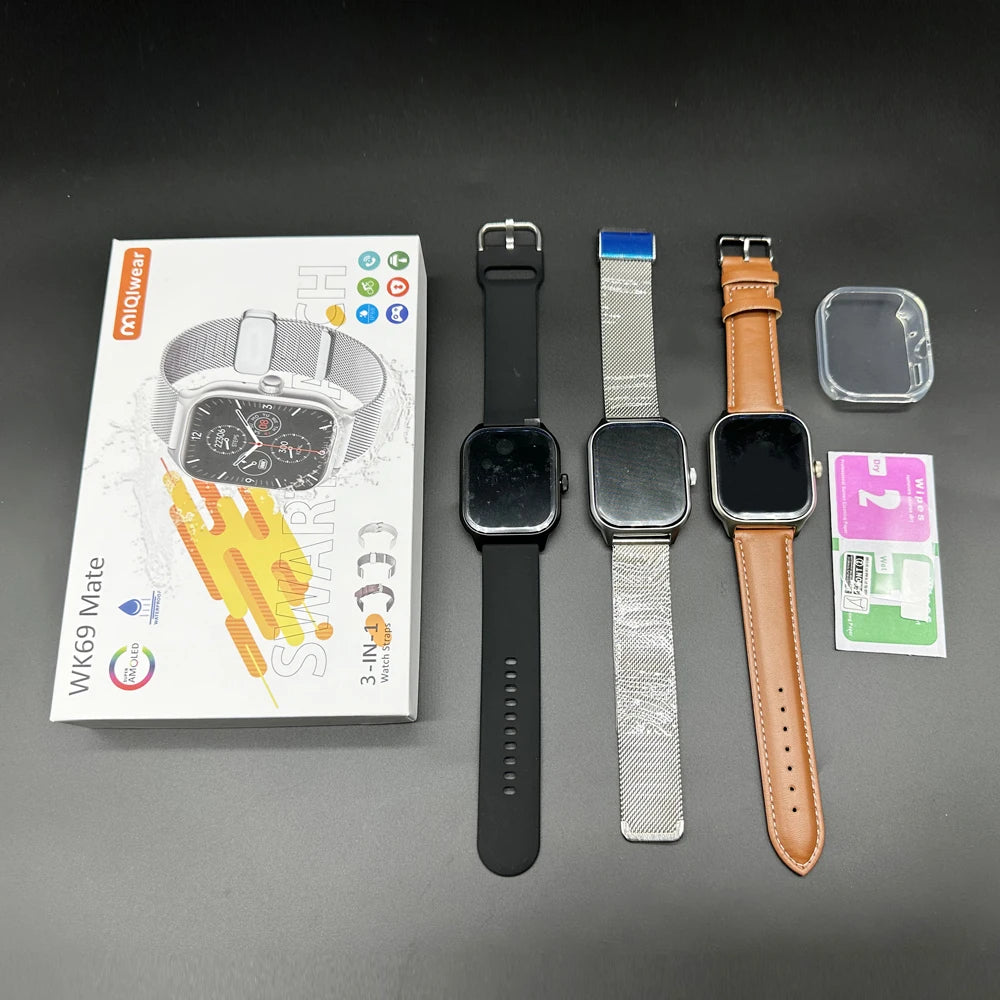 Ip68 Waterproof Wk69 Mate Smartwatch Bt Call Silicone+leather+metal 3 Straps Wearable Devices Men Smart Watch