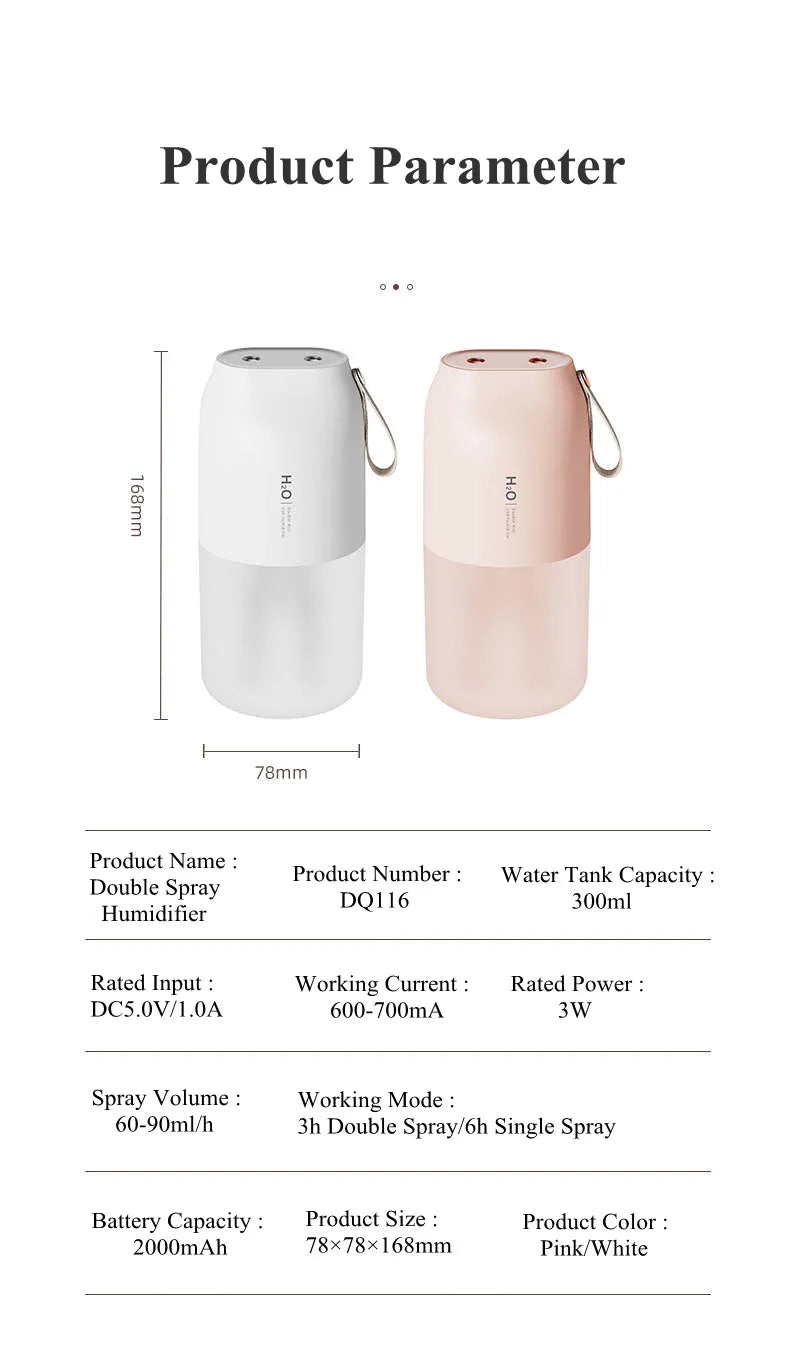 300ml Dual Sprayer Air Humidifier 2000mAh USB Rechargeable Battery Wireless Aroma Mist Maker Fogger Diffuser Light Umidificador