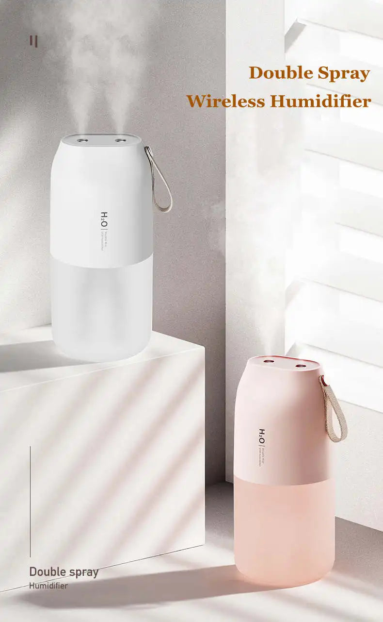 300ml Dual Sprayer Air Humidifier 2000mAh USB Rechargeable Battery Wireless Aroma Mist Maker Fogger Diffuser Light Umidificador