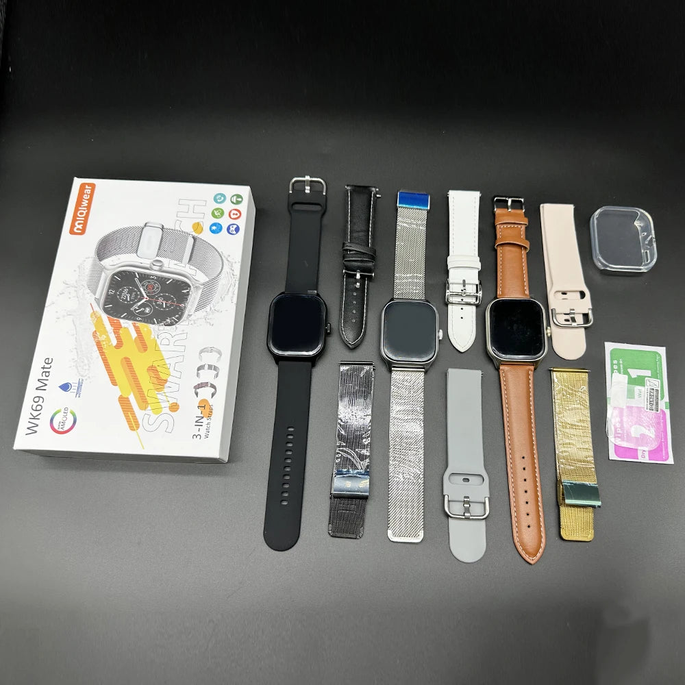 Ip68 Waterproof Wk69 Mate Smartwatch Bt Call Silicone+leather+metal 3 Straps Wearable Devices Men Smart Watch