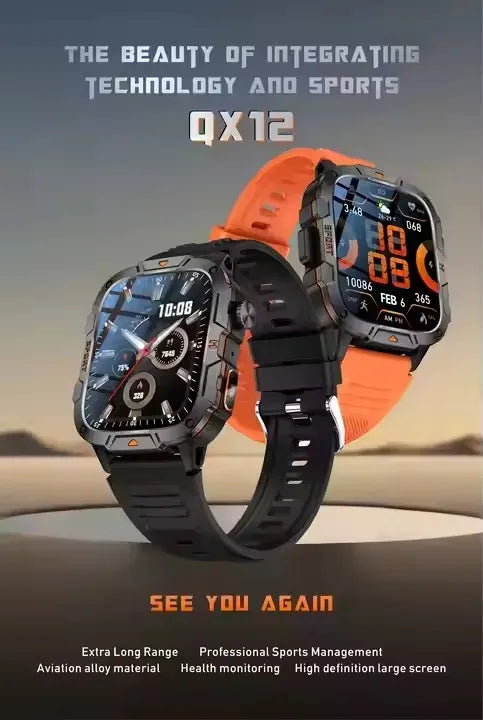 New QX12 Outdoor Sport Smart Watch with LED Flashlight 1.96" SOS Call 420mAh 100+ Sport Modes BO BP Sleep Tracker Smartwatch