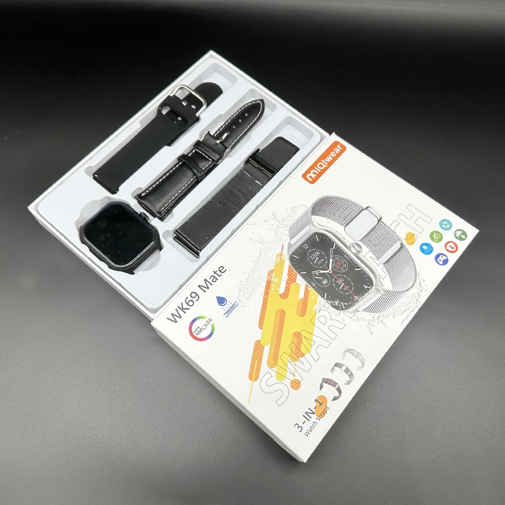 Ip68 Waterproof Wk69 Mate Smartwatch Bt Call Silicone+leather+metal 3 Straps Wearable Devices Men Smart Watch