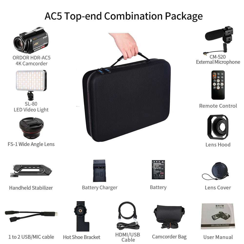 AC5 UHD Camcorder 12X Optical Zoom 4K Camera Live Streaming Professional Video Camera