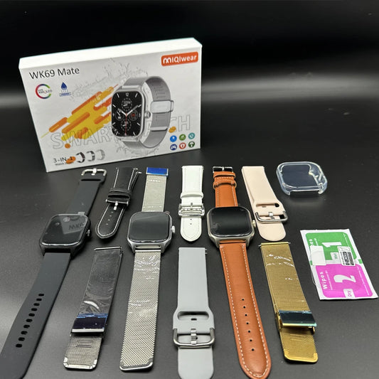 Ip68 Waterproof Wk69 Mate Smartwatch Bt Call Silicone+leather+metal 3 Straps Wearable Devices Men Smart Watch