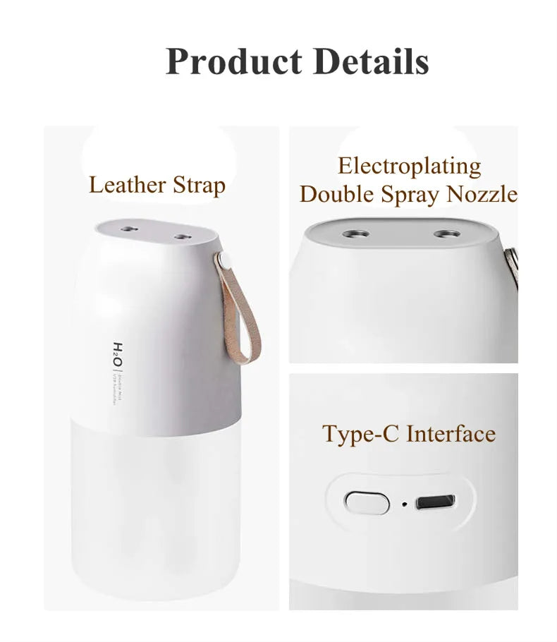 300ml Dual Sprayer Air Humidifier 2000mAh USB Rechargeable Battery Wireless Aroma Mist Maker Fogger Diffuser Light Umidificador