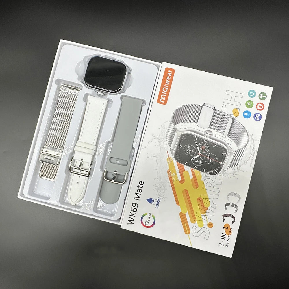 Ip68 Waterproof Wk69 Mate Smartwatch Bt Call Silicone+leather+metal 3 Straps Wearable Devices Men Smart Watch