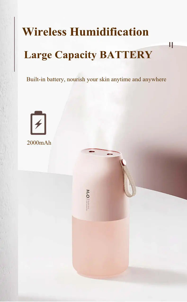 300ml Dual Sprayer Air Humidifier 2000mAh USB Rechargeable Battery Wireless Aroma Mist Maker Fogger Diffuser Light Umidificador