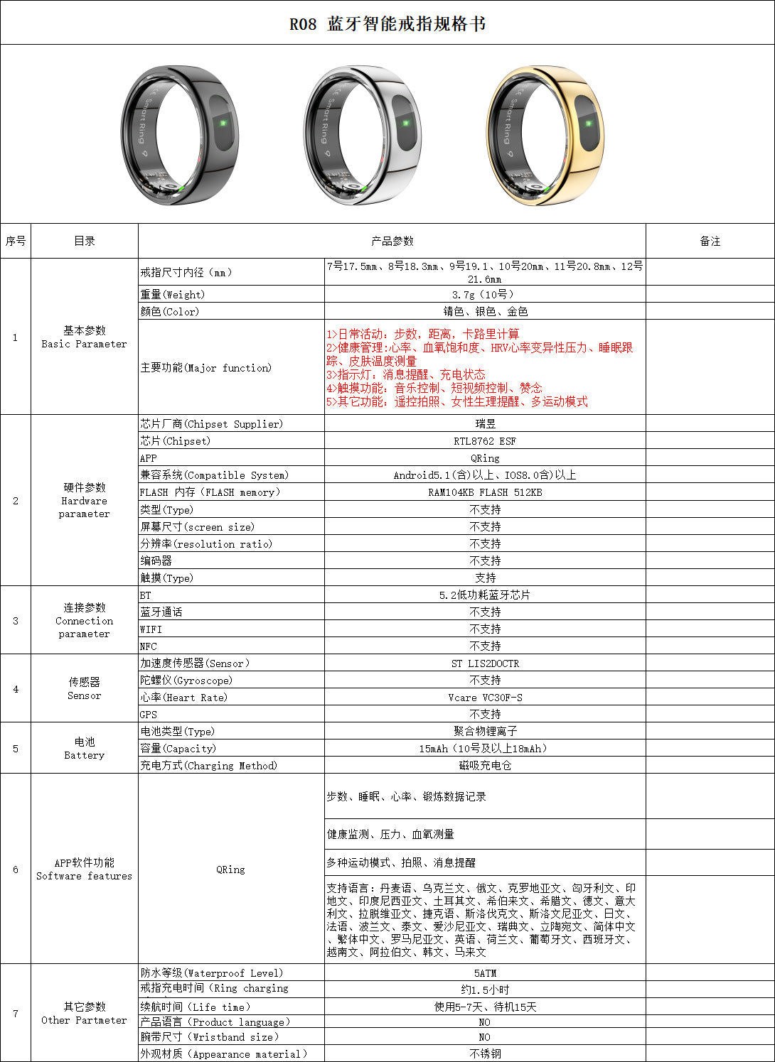 R08(JRING) Waterproof Touch Body Temperature Sleep Blood Oxygen Heart Rate Movement Photo Music Control Smart Ring
