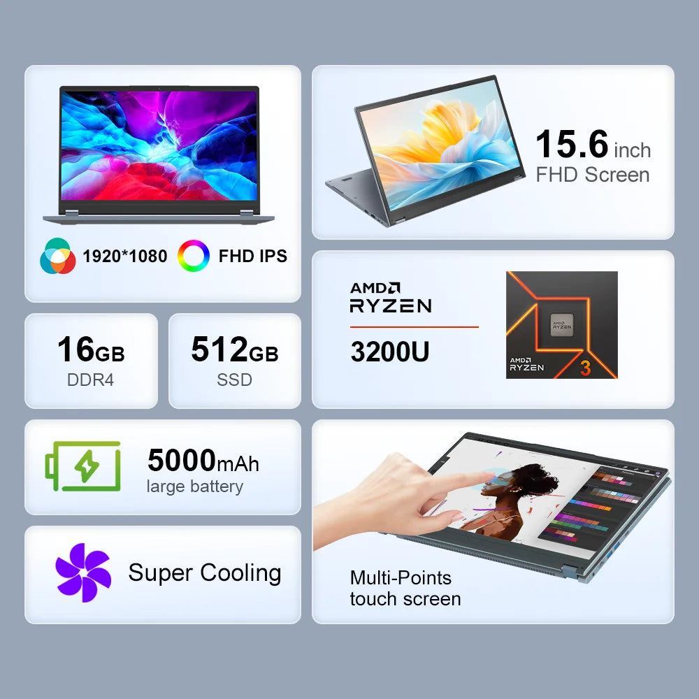 Ninkear Ybook15 Laptop Amd Ryzen 3 3200U 15.6 Inch 360 °   Flip Fhd Ips 1920*1080 Touchscreen 16G+512Gb Backlit Keyboard Windows 11