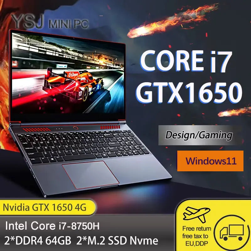 YSJMNPC Gaming Laptop Computer Intel Core i7-8750H GTX1650 4G 16.1 Inch IPS Screen144Hz RAM Max 64GB 2*DDR4 2*M.2 NVMe Windows11