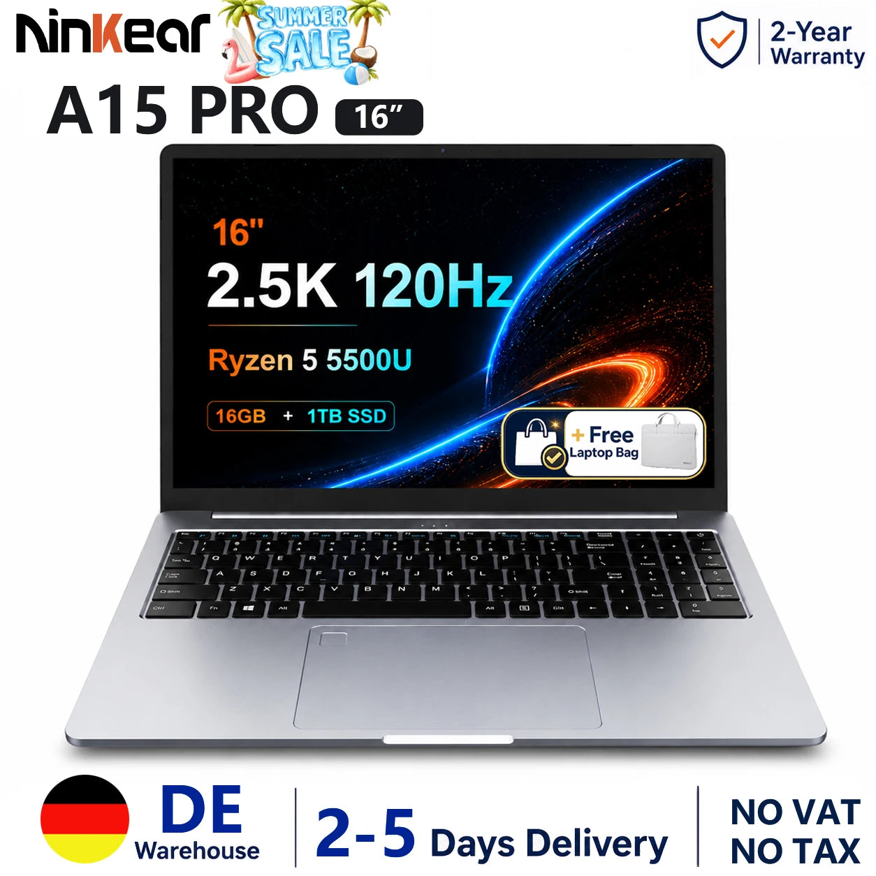 Ninkear A15 Pro 16 Inch Laptop AMD Ryzen 5 5500U 16GB RAM 1TB SSD 2.5K 120Hz Display Windows 11 Metal Notebook Fingerprint Backlit Keyboard USB-C WiFi 6 EU Plug