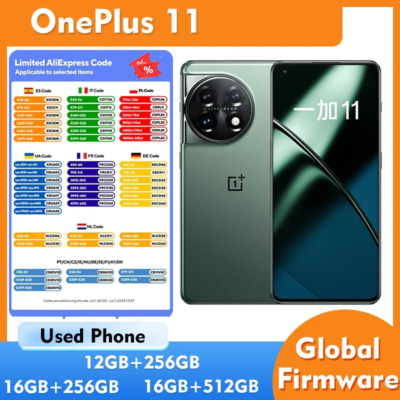 OnePlus 11 5G 5000mAh Global Version 16GB 256GB 2K 120Hz AMOLED Display 100W Charge Used Phone