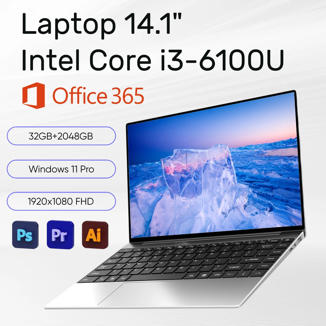 New Ultra Slim 14.1 Inch Laptop Intel Core I3-6100U 32GB RAM 2TB SSD 1920*1080 FHD Display Windows 11 Pro Office Study Computer