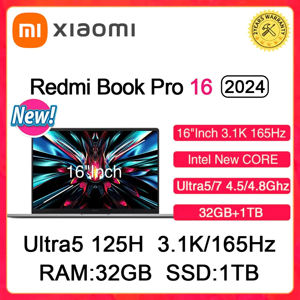 XIAOMI Redmi Book Pro 16 Laptop Intel Ultra5 125H 7 155H RAM 32GB SSD 1TB 16"Inch Notebook Ultrabook Computer PC