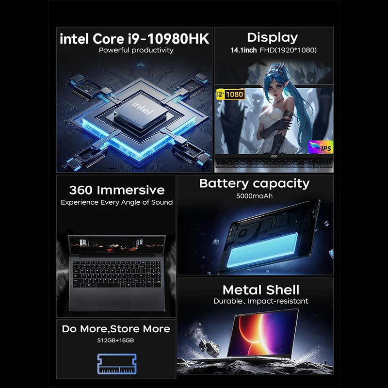 2026 14.1" Laptop Gaming Computer Intel Core i9 10980HK Windows 11 Pro 16GB DDR4 1TB SSD Gamer PC Notebook Computer Laptops PC