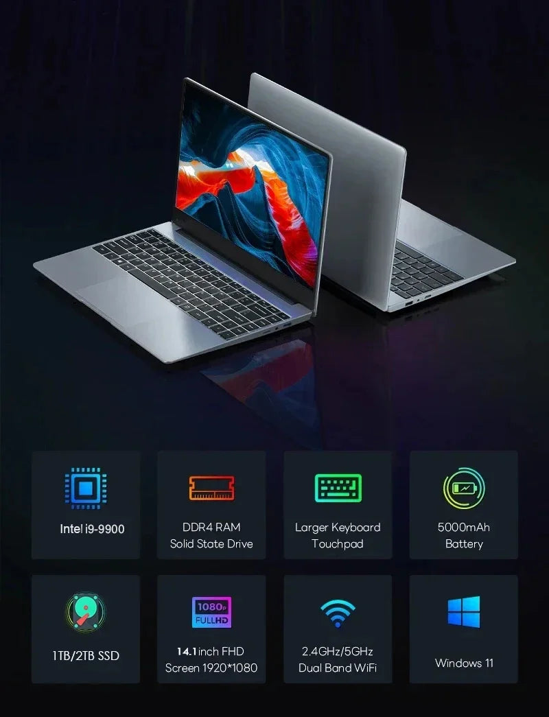 LENO 2026 NEW 14.1" Laptop Intel Core i9-9900 32GB 2TB Gaming Computer PC Windows11 Gamer office Ultra Slim Notebook 1920*1080