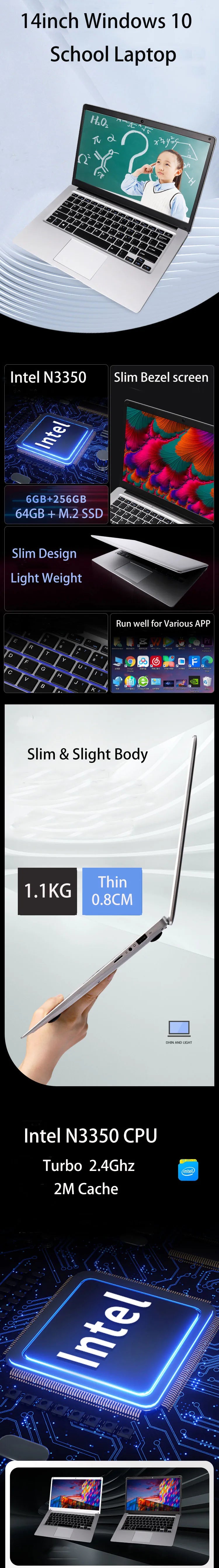 GMOLO 14 Inch Slim Laptop Notebook 6GB RAM M.2 SSD 64GB/128GB/256GB/512GB Cheap Windows 10 Computer