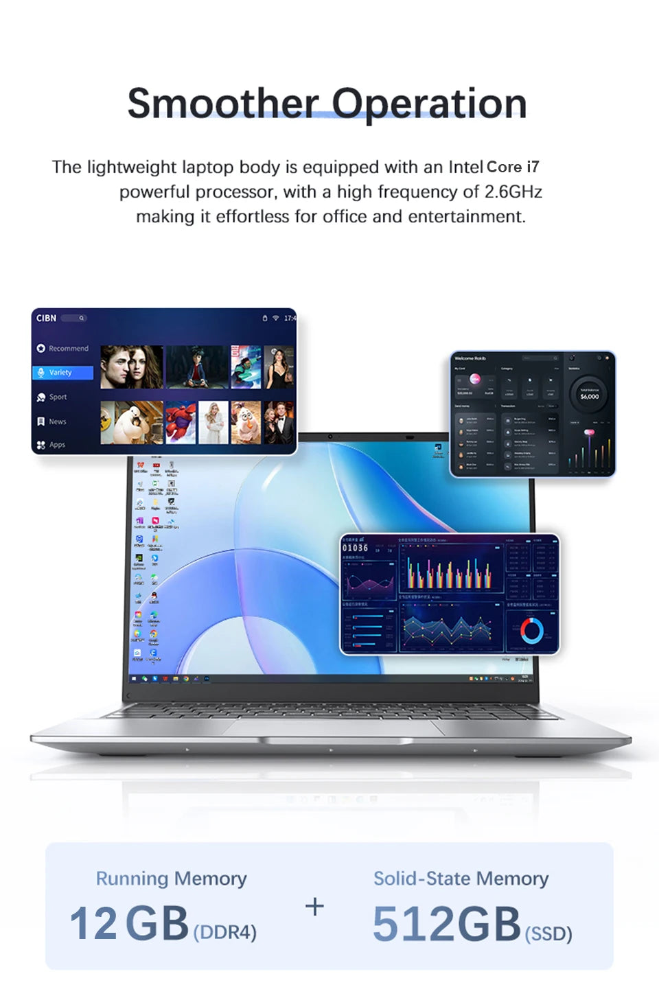 14.1 inch Portable Laptop Computer Intel Core i7-9850H/Atom A3950 Notebook 12GB RAM 1TB M.2 SSD Windows 11 Office Study Computer