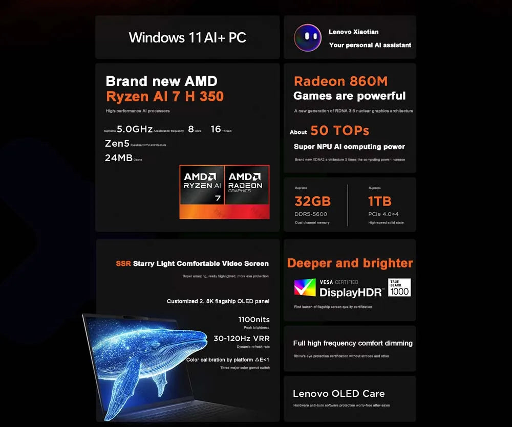 Lenovo NEW 2025 XiaoXin Pro 16 R7 H 255/AI 7H 350 24G/32G+1T 16-Inch 2.8K 120Hz OLED Screen