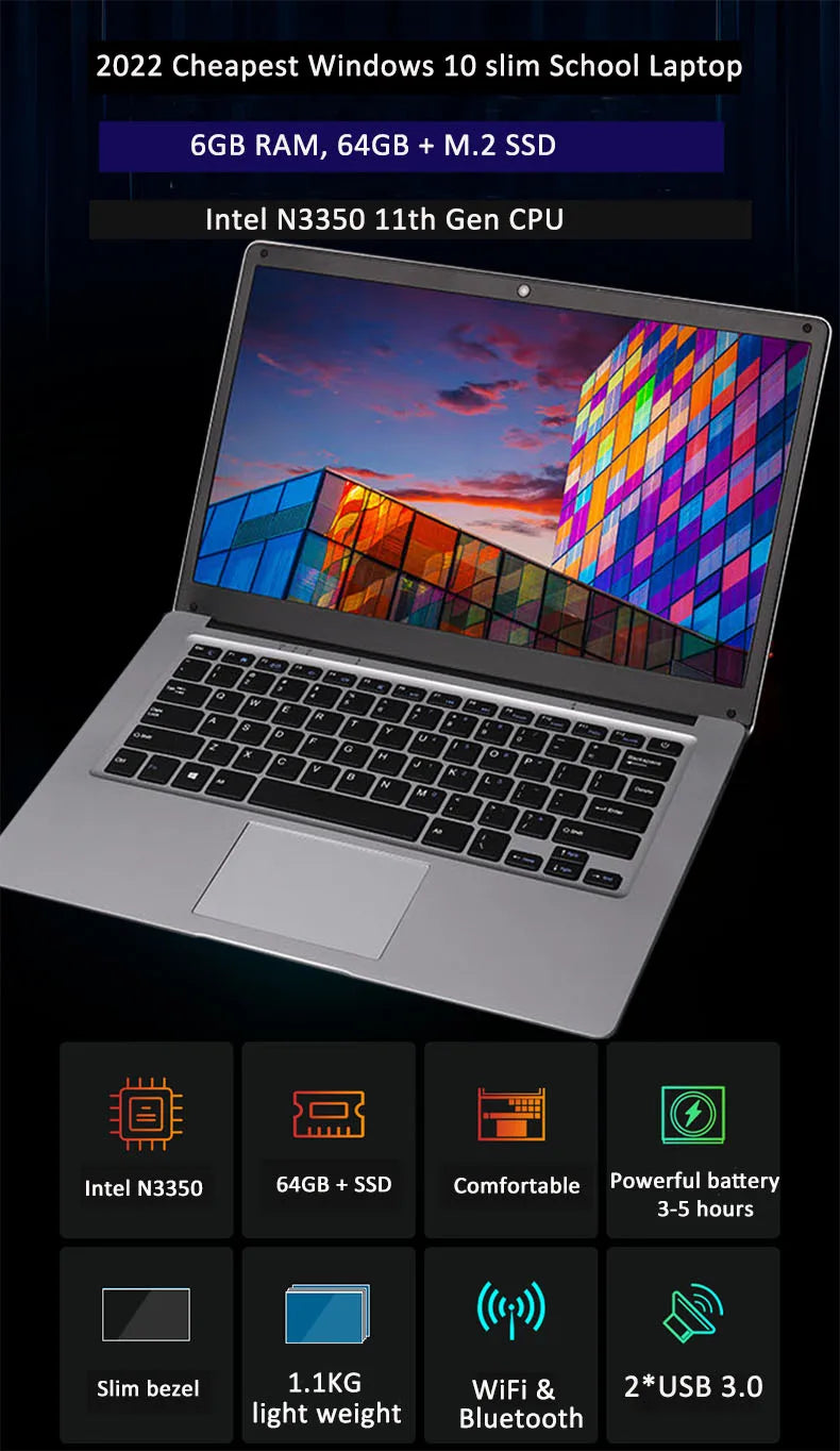 GMOLO 14 Inch Slim Laptop Notebook 6GB RAM M.2 SSD 64GB/128GB/256GB/512GB Cheap Windows 10 Computer