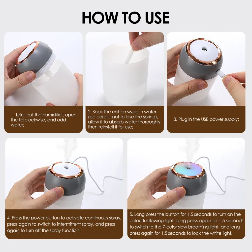 330/600ml Air Humidifier Double Spray Port Essential Oil Aromatherapy Diffuser Mute Atomizer Colorful Lights For Home Office Car