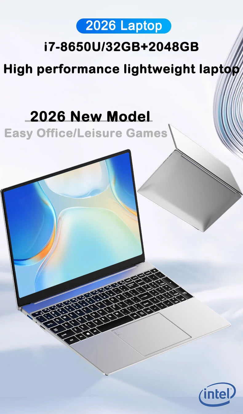 2026 New 15.6 Inch FHD Laptop Intel Core i7-8650U 32GB RAM 2TB SSD Windows 11 Pro Ultra Slim Gaming Office Study Notebook