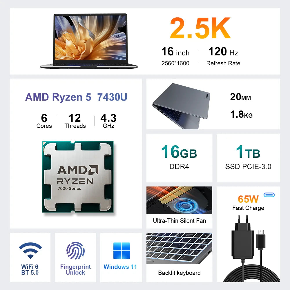 Ninkear A15 Pro Laptop AMD Ryzen 5 7430U 16 inch 120Hz 2560*1600 Display Screen 16GB 1TB Fingerprint Unlock Notebook Computer