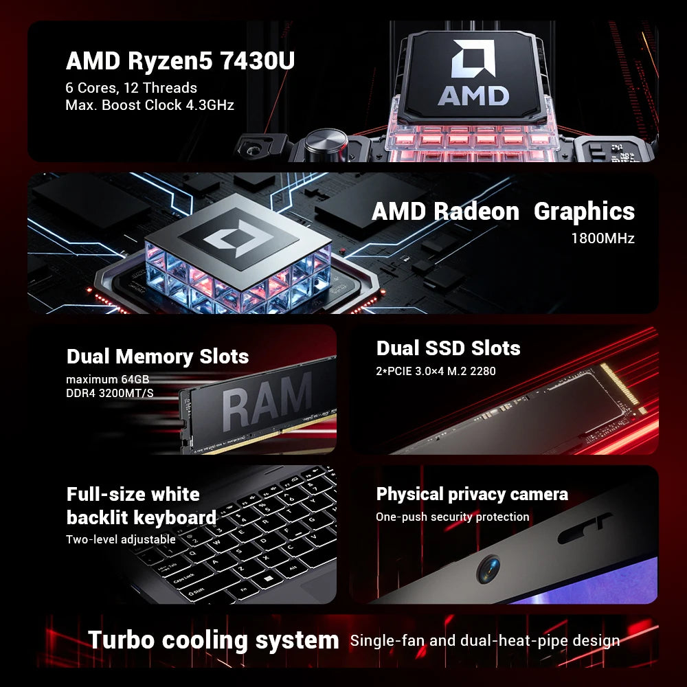 Firebat AS1 Laptop AMD Ryzen5 7430U 16GB DDR4 3200Mhz 512GB SSD 15.6 Inch IPS Windows 11  Notebook Type-C WIFI6 Full-size Keyboard