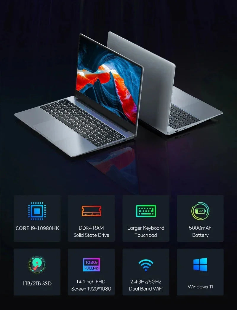 NEW Intel Core i9-10980HK laptop 16GB RAM 1/2TB SSD Portable laptops 14.1-inch Windows 11 Por Notebook computer Office Gaming