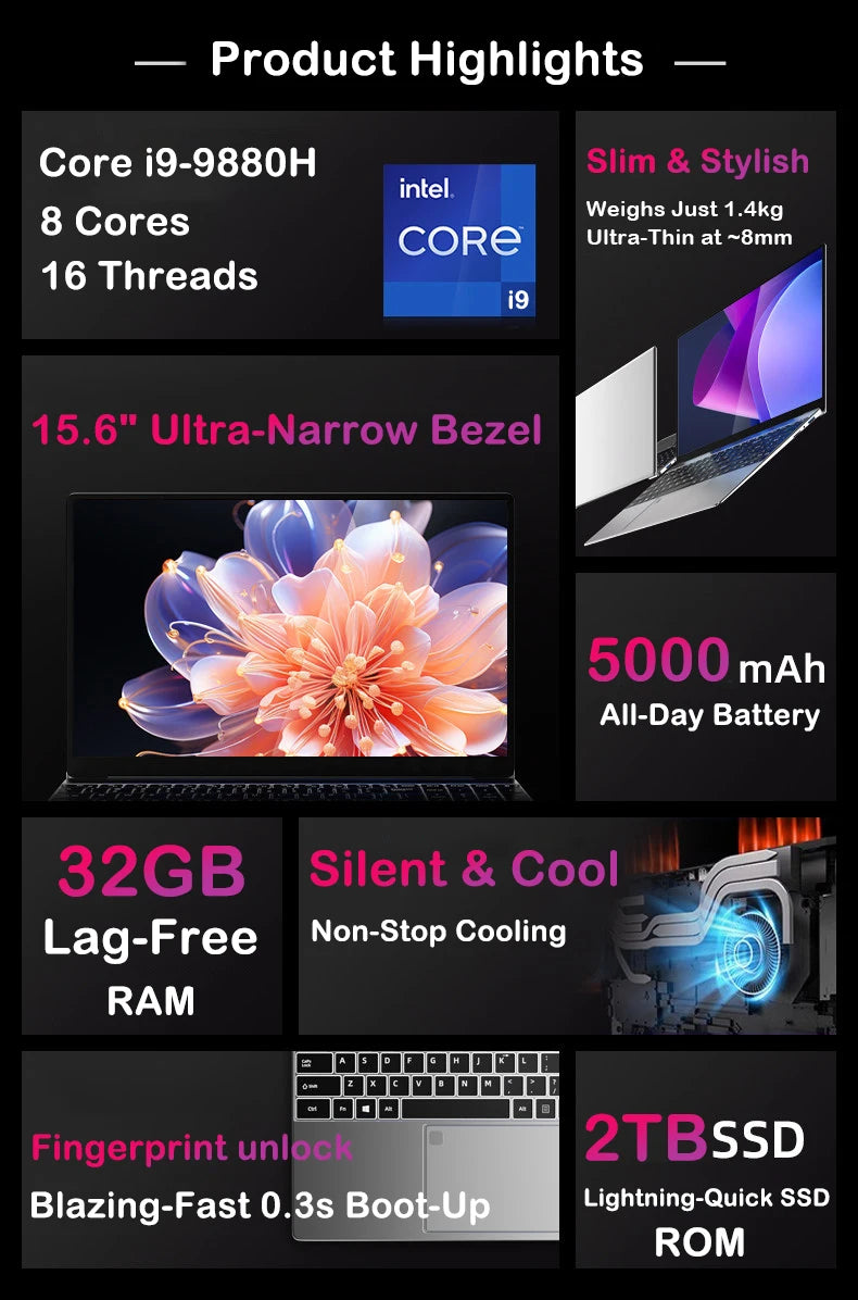 LENO New  Intel Core i9-9880H 15.6 " Laptop 32GB RAM 2TB SSD Ultra Slim Gaming Laptop 1920*1080 Windows 11 Office Study Home Use