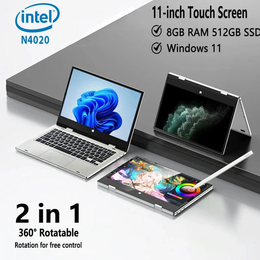 11.6-Inch 2-in-1 Touchscreen Intel Laptop Tablet Windows 11 Pro 8GB DDR4 RAM 128GB/256GB/512GB SSD  Portable Study Computer