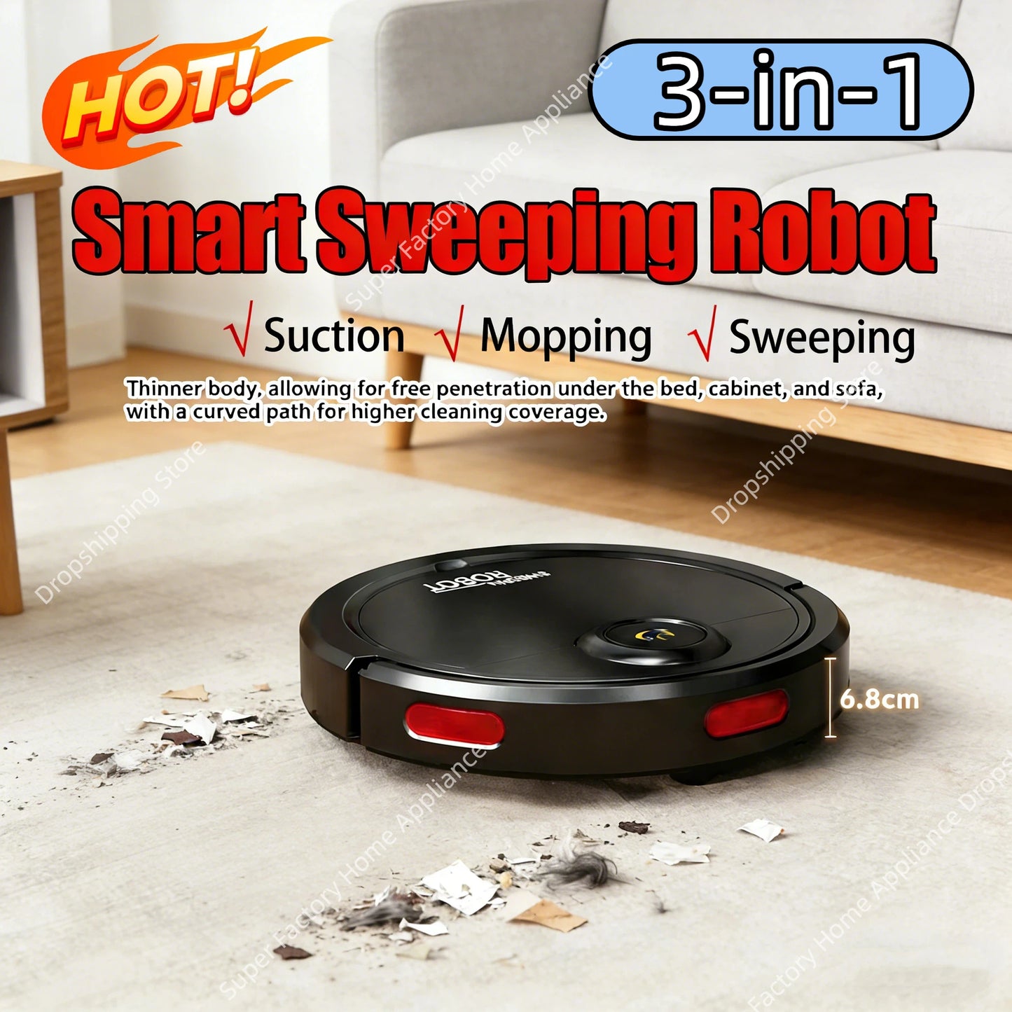 3-in-1 Fully Automatic Sweeper Suction Mopping Sweeping Machine Charge USB Intelligent Kitchen Home Cleaning Robots 2026 New
