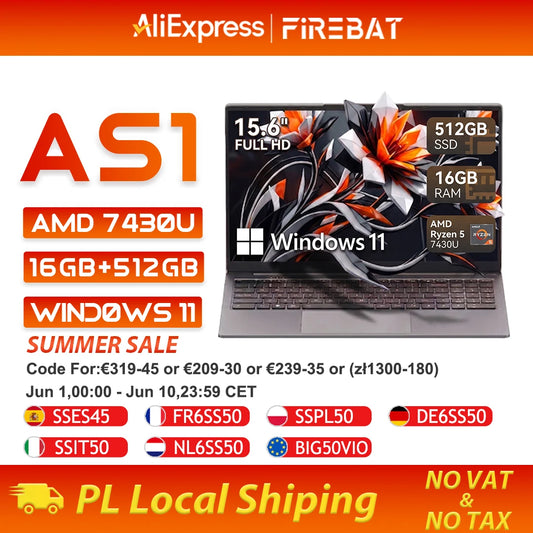 Firebat AS1 Laptop AMD Ryzen5 7430U 16GB DDR4 3200Mhz 512GB SSD 15.6 Inch IPS Windows 11  Notebook Type-C WIFI6 Full-size Keyboard
