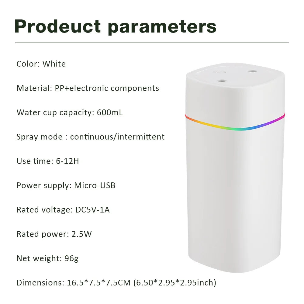 330/600ml Air Humidifier Double Spray Port Essential Oil Aromatherapy Diffuser Mute Atomizer Colorful Lights For Home Office Car