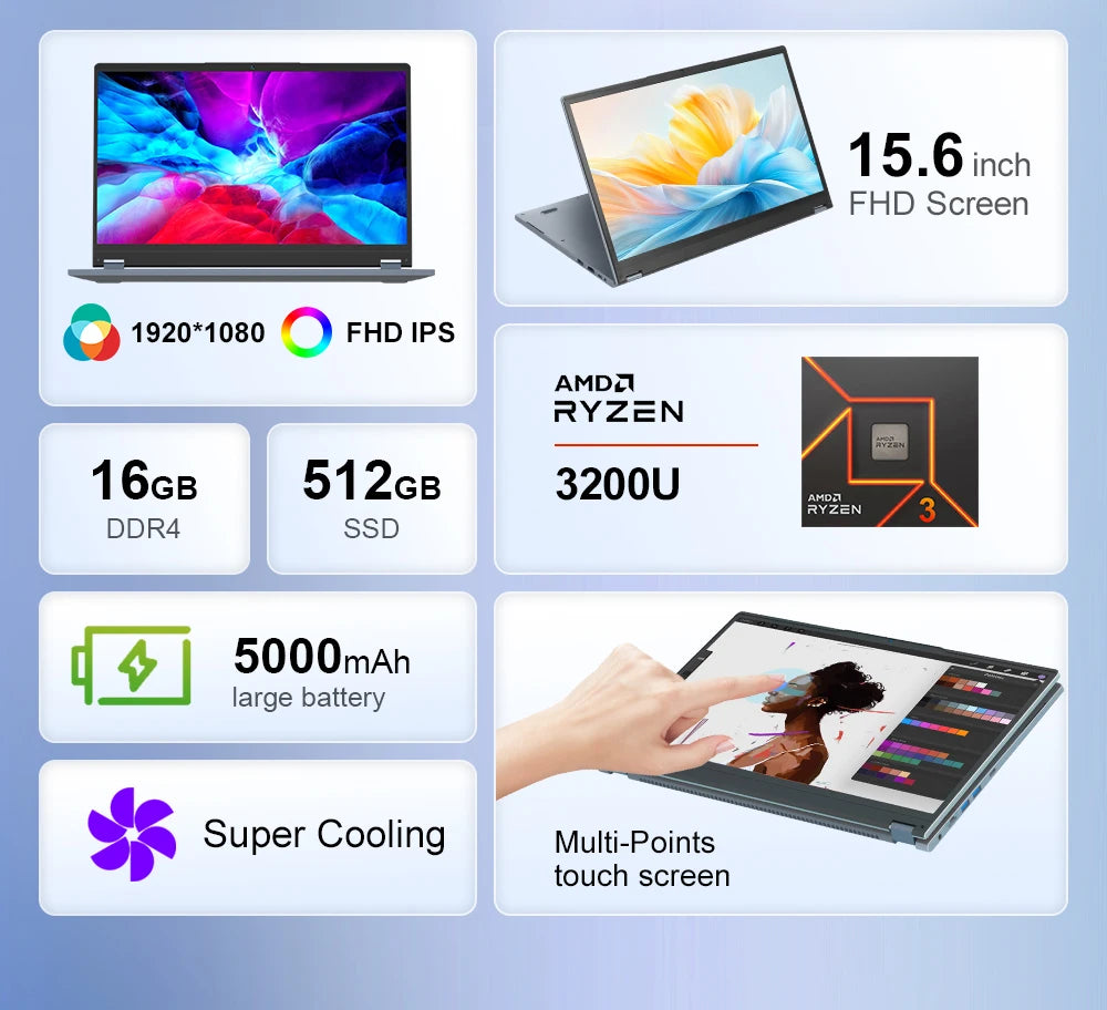 Ninkear Ybook15 Laptop Amd Ryzen 3 3200U 15.6 Inch 360 °   Flip Fhd Ips 1920*1080 Touchscreen 16G+512Gb Backlit Keyboard Windows 11