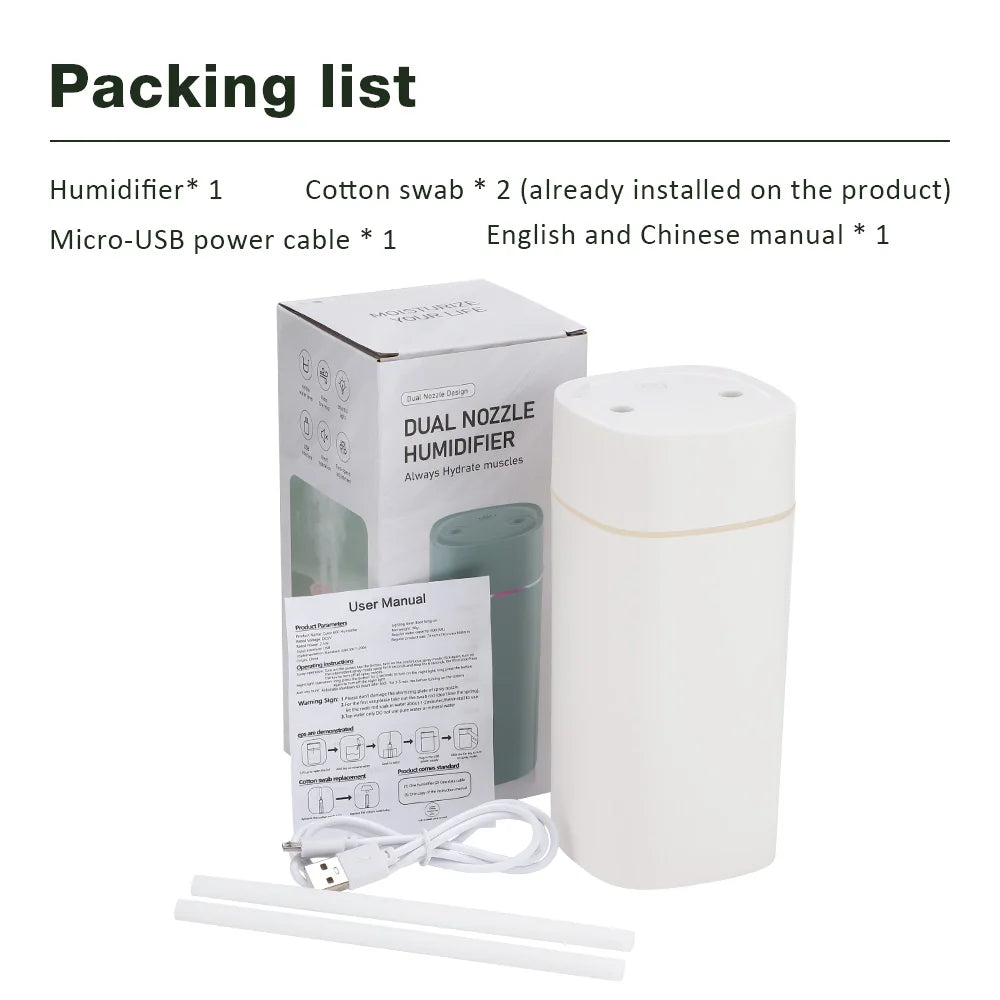 330/600ml Air Humidifier Double Spray Port Essential Oil Aromatherapy Diffuser Mute Atomizer Colorful Lights For Home Office Car