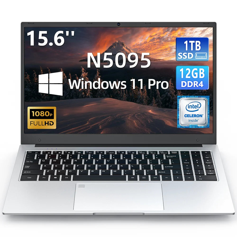 BYONE 15.6 Inch Intel Celeron N5095 Ultraslim Laptop 12G 16GB RAM 512GB 1TB SSD Keyboard Backlight Fingerprint Portable Computer