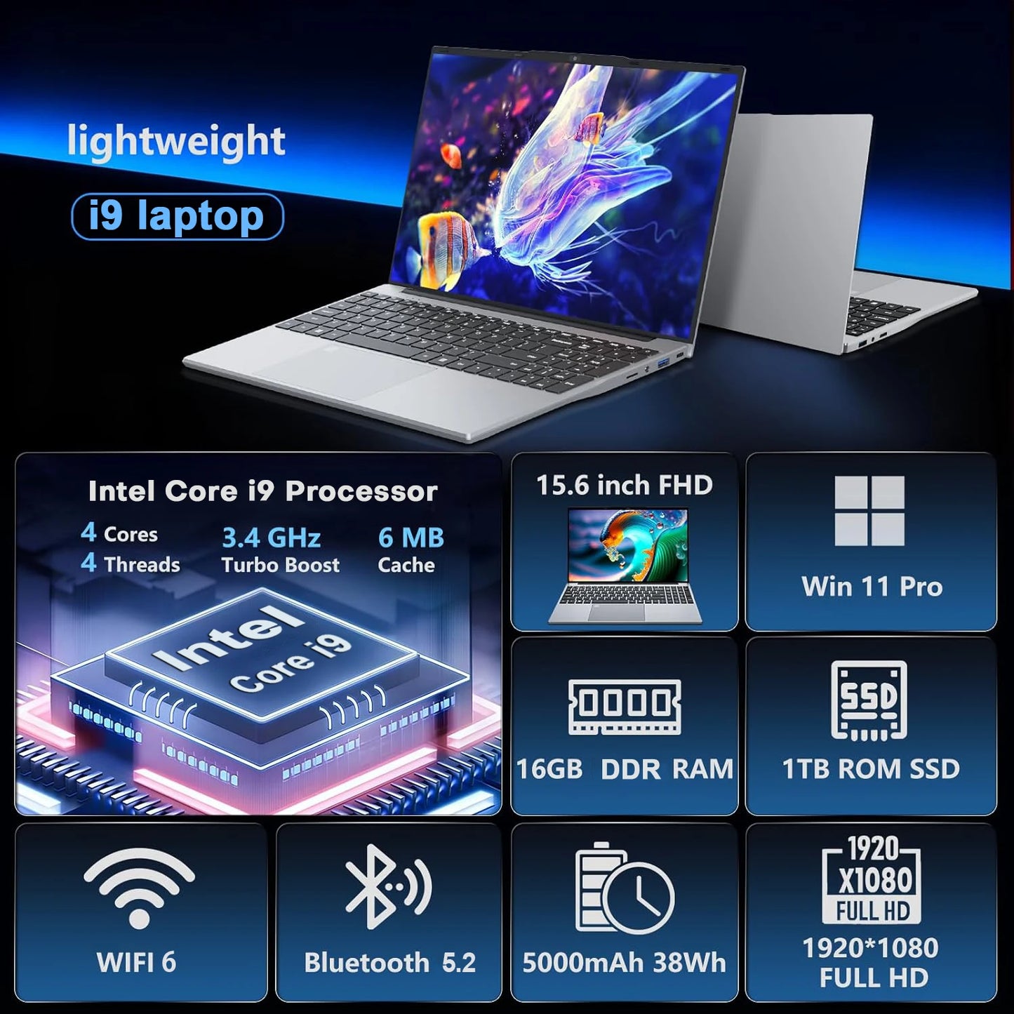 New 15.6" Laptop Computer Intel Core i9 10980HK/9900U Windows 11 PC Gamer 16GB RAM 1TB SSD Fingerprint Unlock Gaming Notebook PC