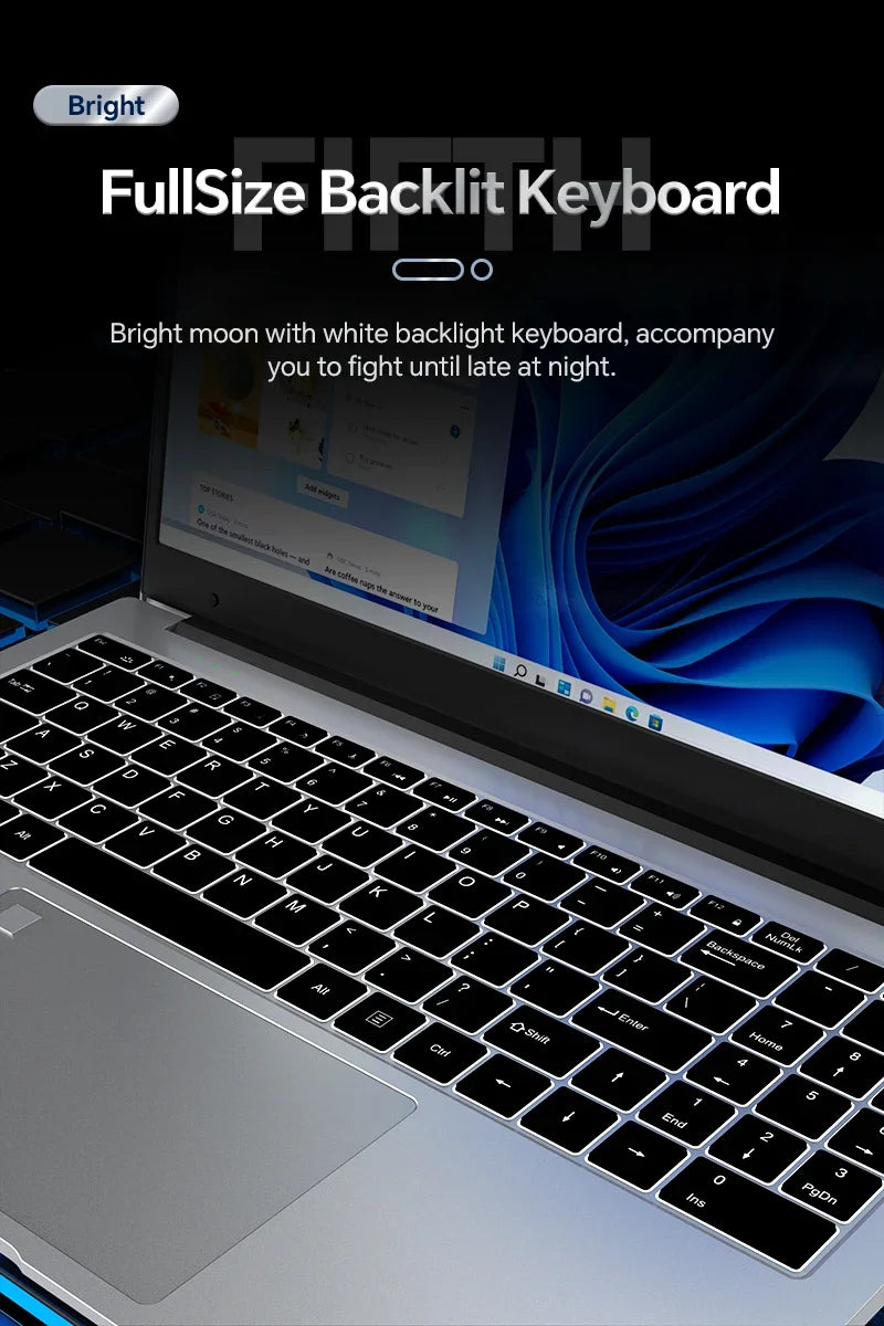 BYONE 15.6 Inch Intel Celeron N5095 Ultraslim Laptop 12G 16GB RAM 512GB 1TB SSD Keyboard Backlight Fingerprint Portable Computer