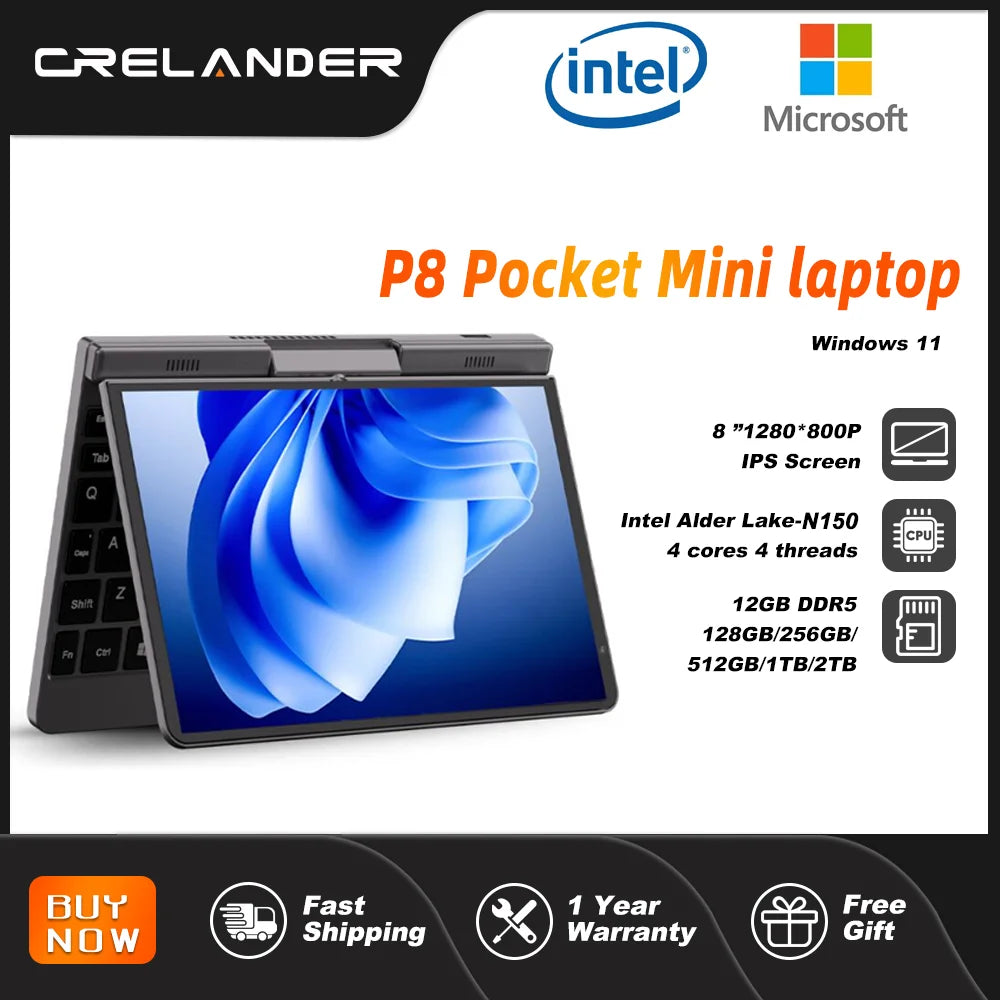 CRELANDER P8 Mini Gaming Laptop 8 Inch Touch Screen Intel Alder Lake N150 12GB DDR5 Windows 11 WiFi 6 Small Pocket Laptop
